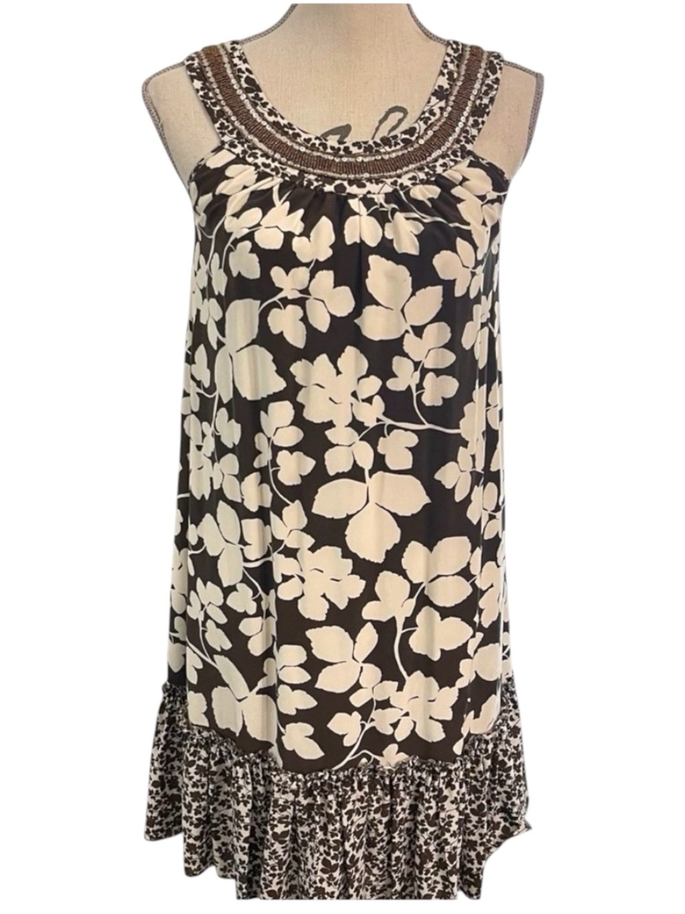 Karen Kane Brown and Cream Silk Sleeveless Beaded Yolk Ruffle Skirt Dress (S/M)